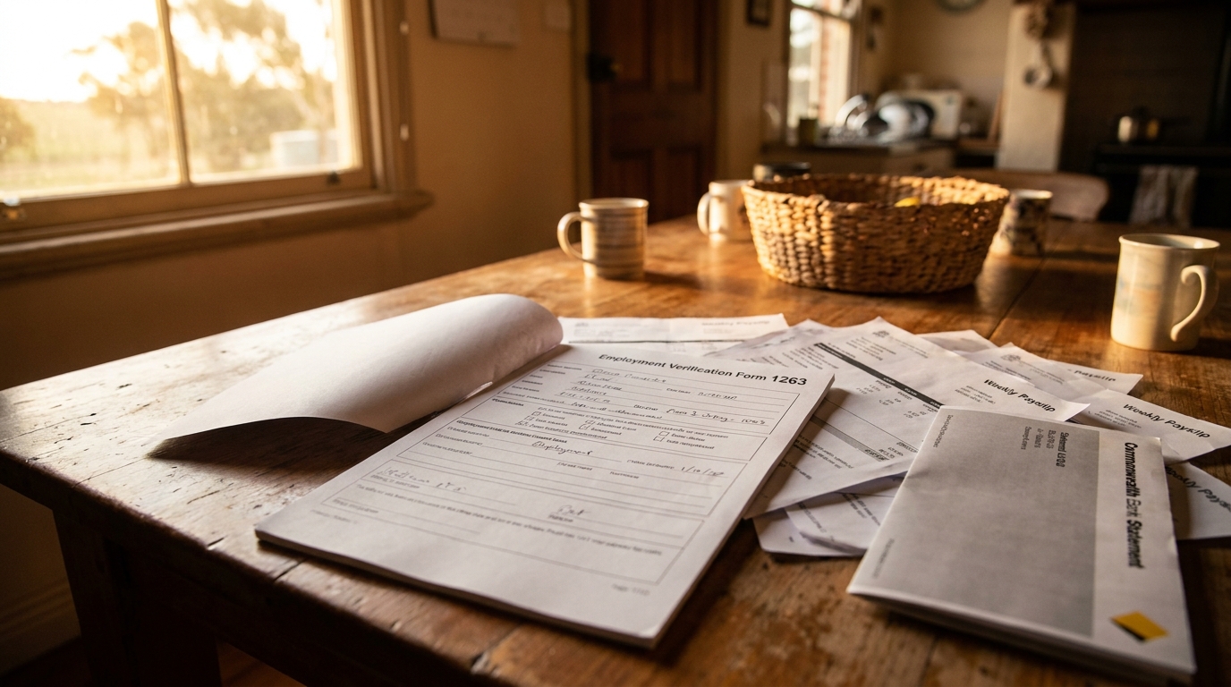 An Australian employment verification Form 1263 PDF lying open on a wooden farmhouse table beside a pile of weekly payslips and an Australian bank statement, late afternoon natural light, plain rural farmhouse interior, realistic photograph