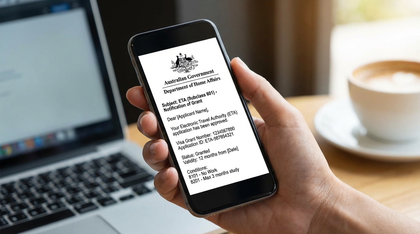 Australian ETA approval confirmation email displayed on smartphone screen