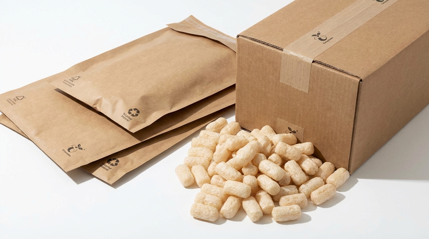Eco-friendly e-commerce packaging alternatives on a clean white surface - paper mailer bags, recycled cardboard box, and biodegradable packing peanuts