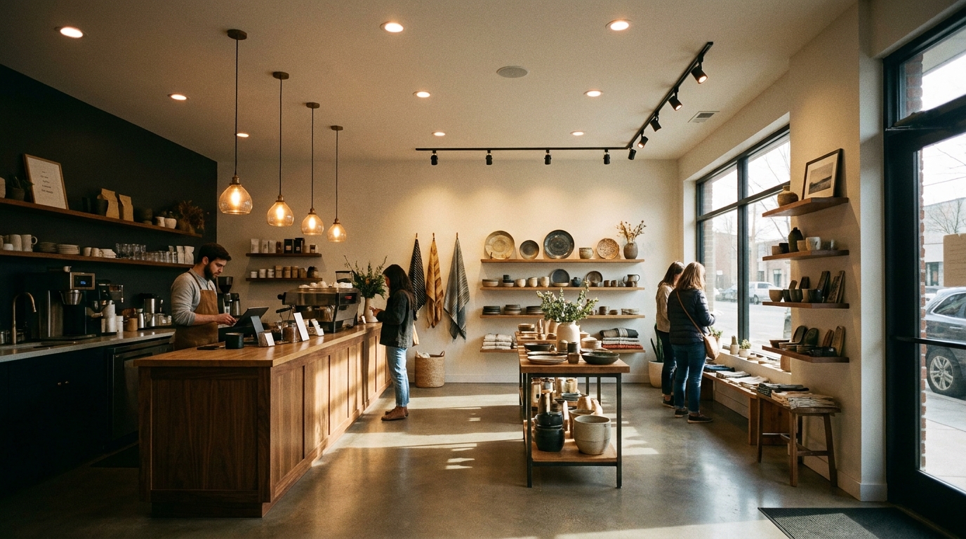 Small boutique interior with three lighting layers active — recessed downlights in ceiling, warm pendant lights over counter, and track spots highlighting wall display, showing depth and dimension