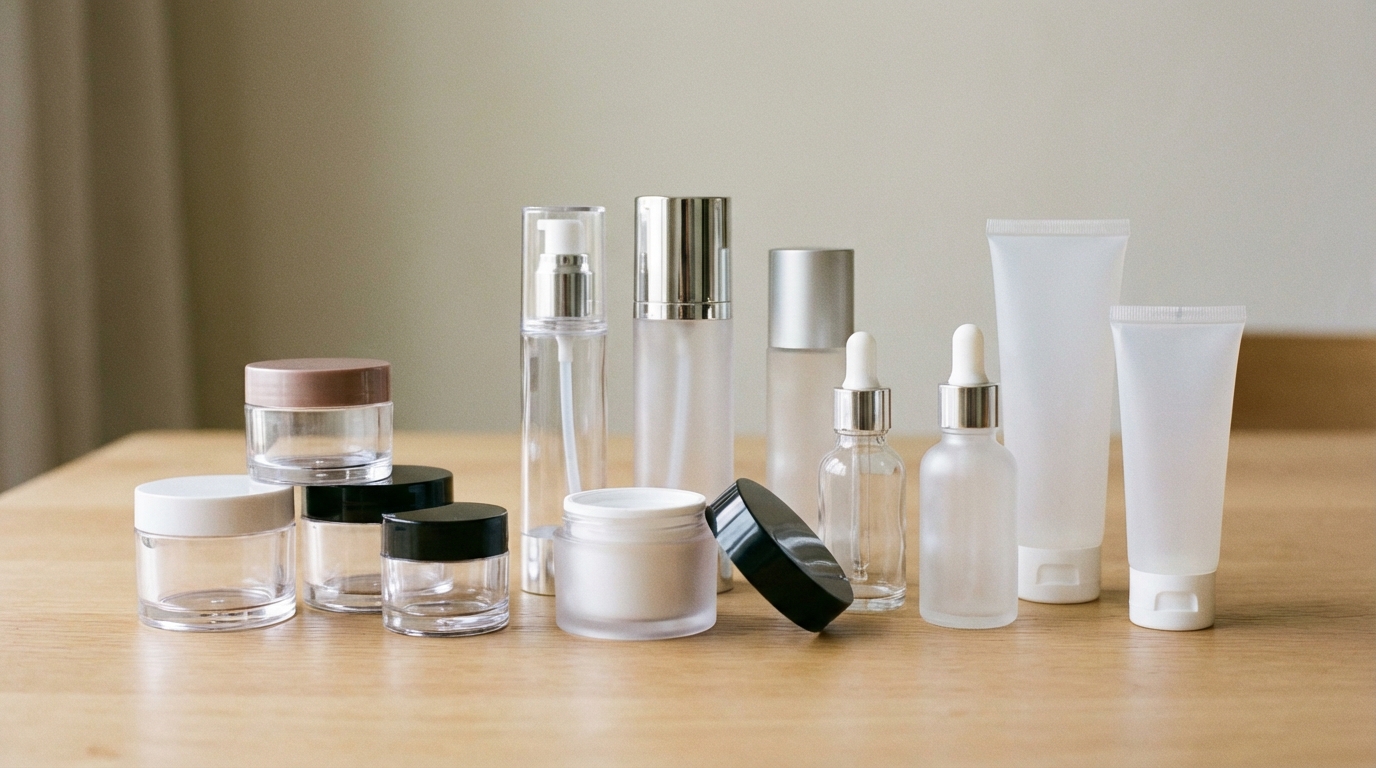 Various plastic cosmetic packaging including jars, bottles, and tubes