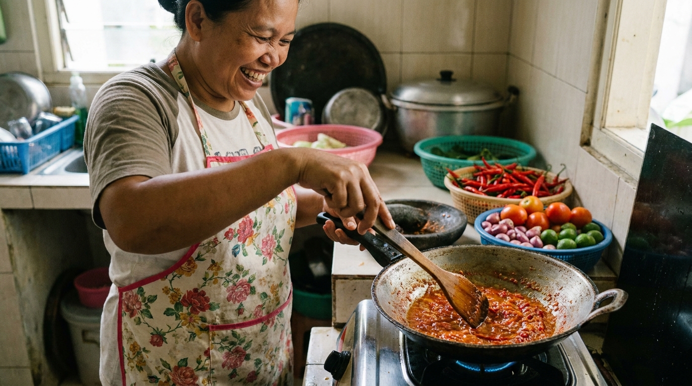 An Indonesian home cook stirring sambal in a small wok over a gas stove, with fresh chilies and tomatoes visible on the kitchen counter