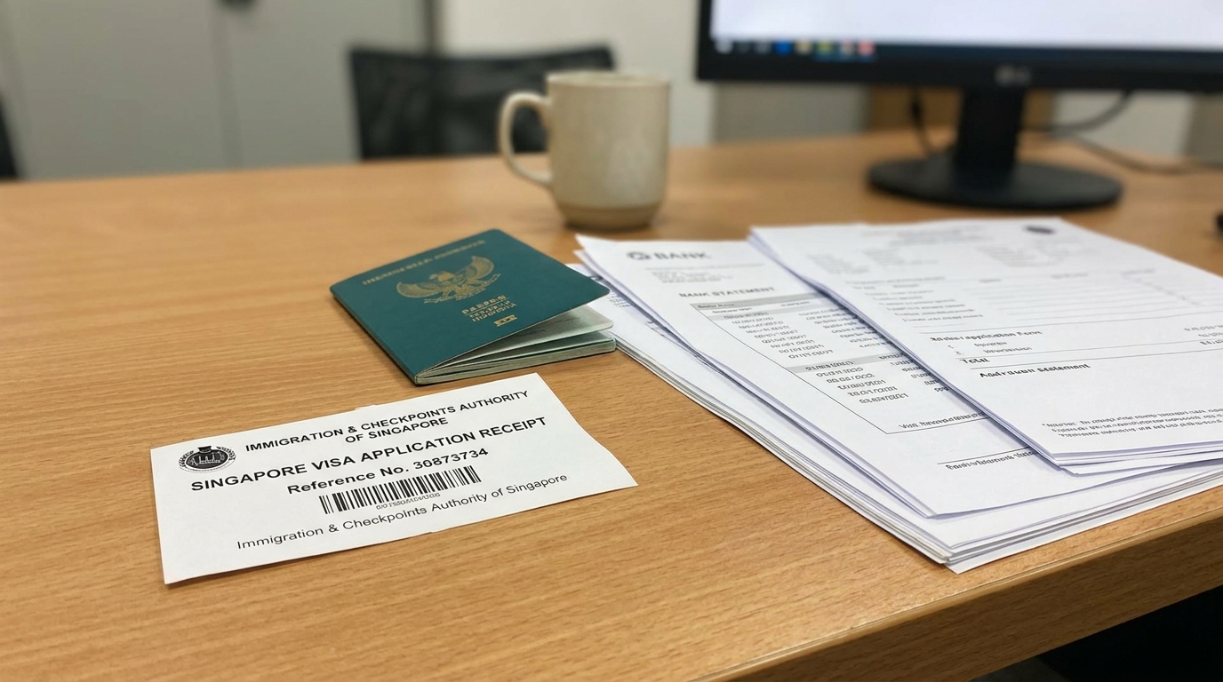 A Singapore visa application receipt on a wooden desk next to an Indonesian passport and a stack of supporting documents, natural daylight, neutral office background