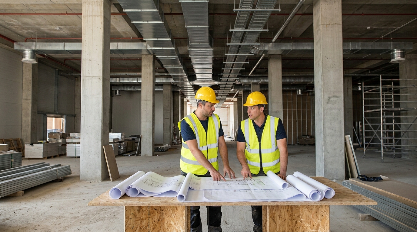 Two workers in safety vests and hard hats reviewing printed floor plans on a table inside an unfinished warehouse fit out, with concrete columns and exposed ceiling ductwork behind them