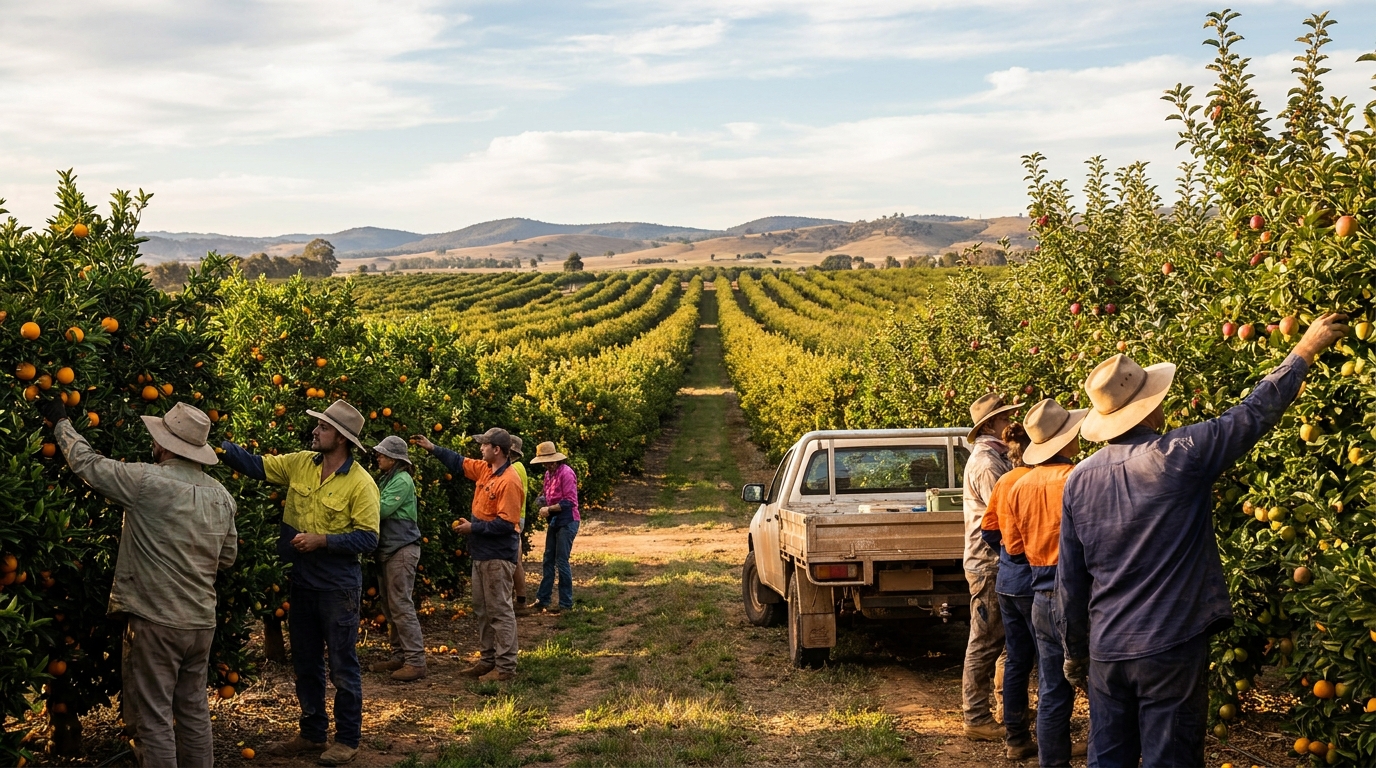 Workers in casual clothing and hats picking fruit in an Australian orchard under a wide open sky, rows of trees stretching toward low hills in the background, photographed in afternoon light