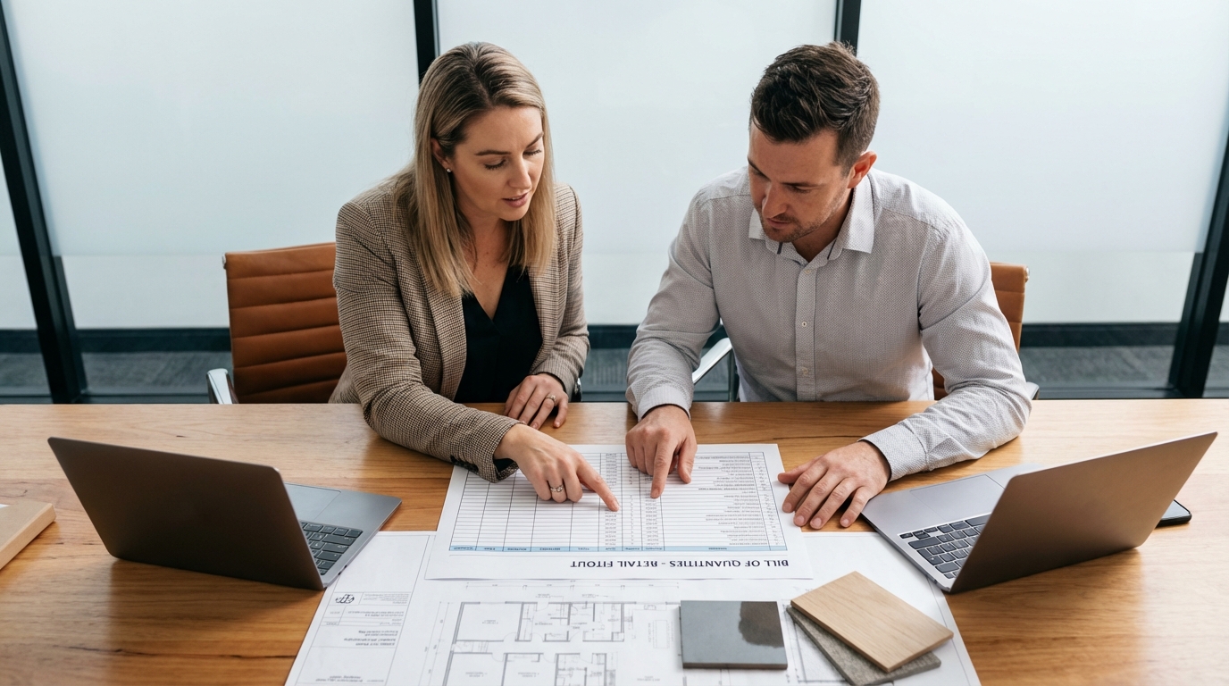 Business owner and interior designer reviewing a detailed bill of quantities document with itemized costs at a meeting table in a commercial office