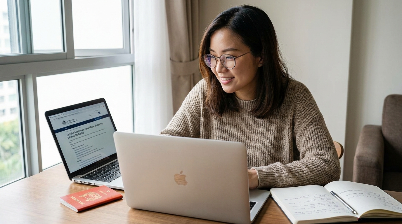 A young Singaporean in their mid-twenties at a home desk reviewing an Australian Department of Home Affairs visa checklist on a laptop screen, passport and notebook visible on the desk, soft natural light from a window