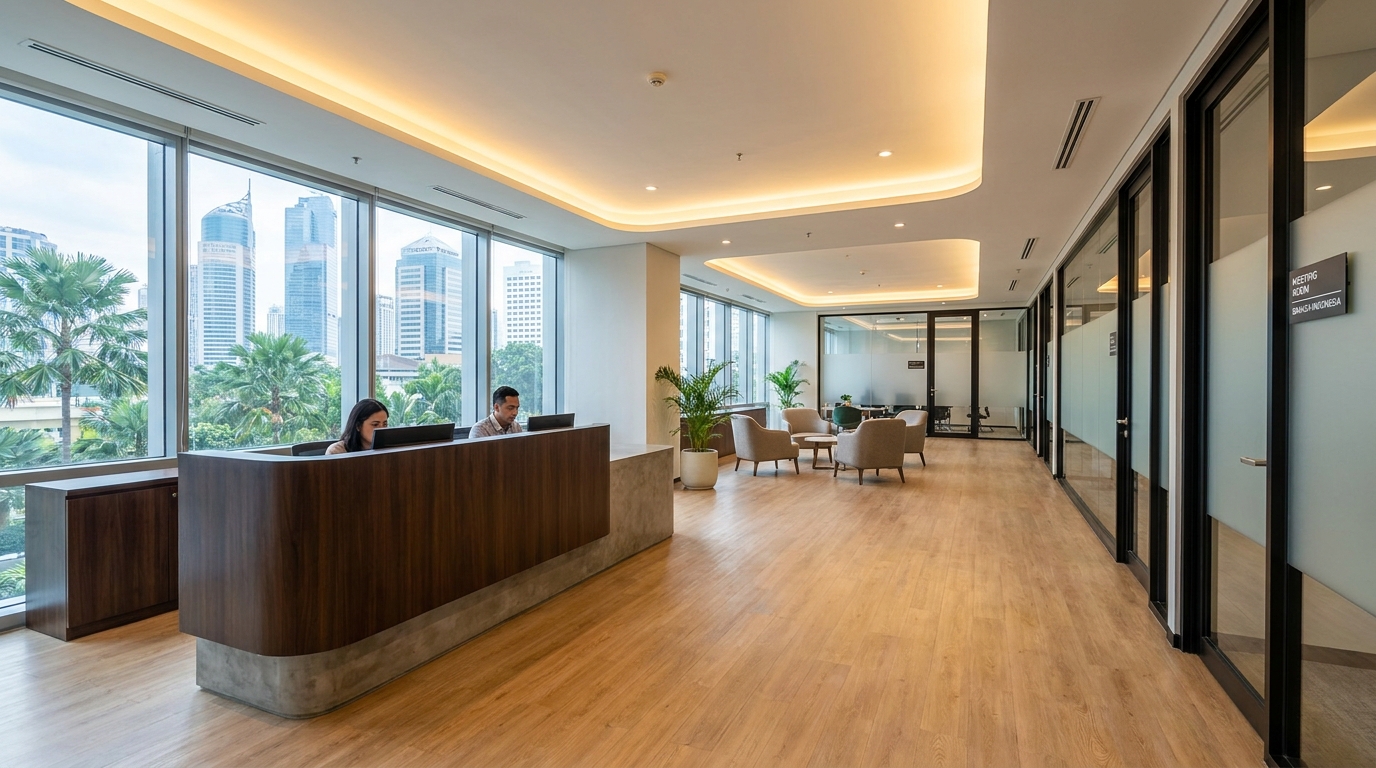 A modern corporate office lobby in Jakarta with a low reception desk, an open decompression zone with light timber floors, a soft warm ceiling wash, and a corridor visible on one side leading toward meeting rooms