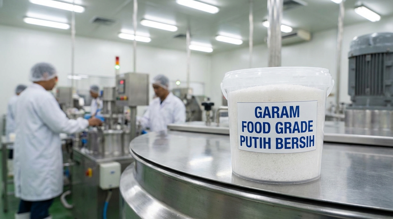 Garam food grade putih bersih dengan kristal halus seragam di atas wadah stainless steel di lingkungan pabrik makanan
