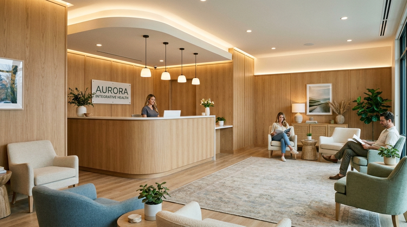 A modern medical clinic reception and waiting area with light wood paneling, soft indirect lighting, upholstered seating, and a clean front desk, calm and welcoming