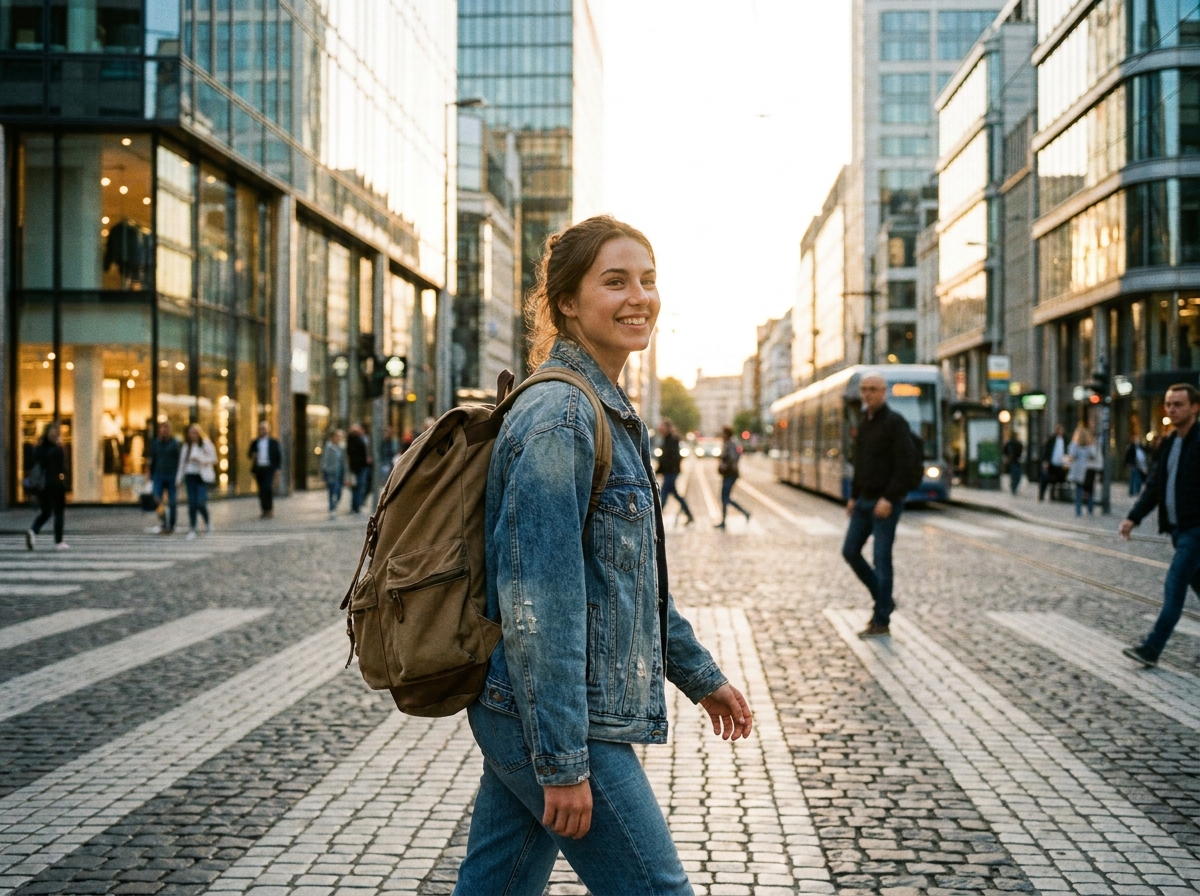 A young traveler with a backpack walking along a sunlit urban street, casual clothes, candid travel photography, warm natural daylight