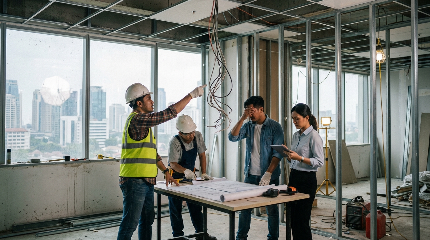 Construction workers in a half-finished Jakarta office space discussing a problem, with exposed electrical wiring and unfinished partition walls visible