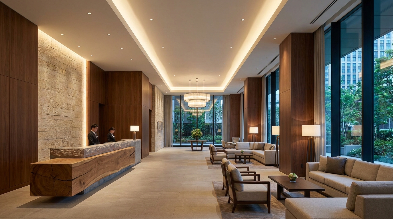A modern upscale hotel lobby interior with a reception desk, warm wood and stone finishes, soft ambient lighting, lounge seating, and tall windows. Clean contemporary hospitality design.
