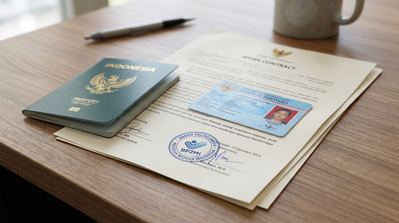 An Indonesian KTP and passport placed on top of a verified work contract document with a BP2MI stamp, soft daylight, neutral wooden desk