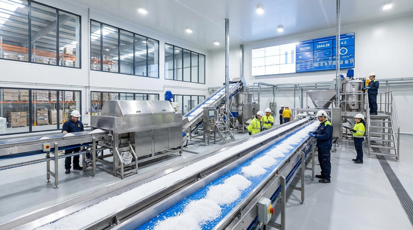 Pabrik pengolahan garam dengan mesin-mesin produksi modern dan conveyor belt mengangkut garam putih bersih di dalam ruangan pabrik yang terang
