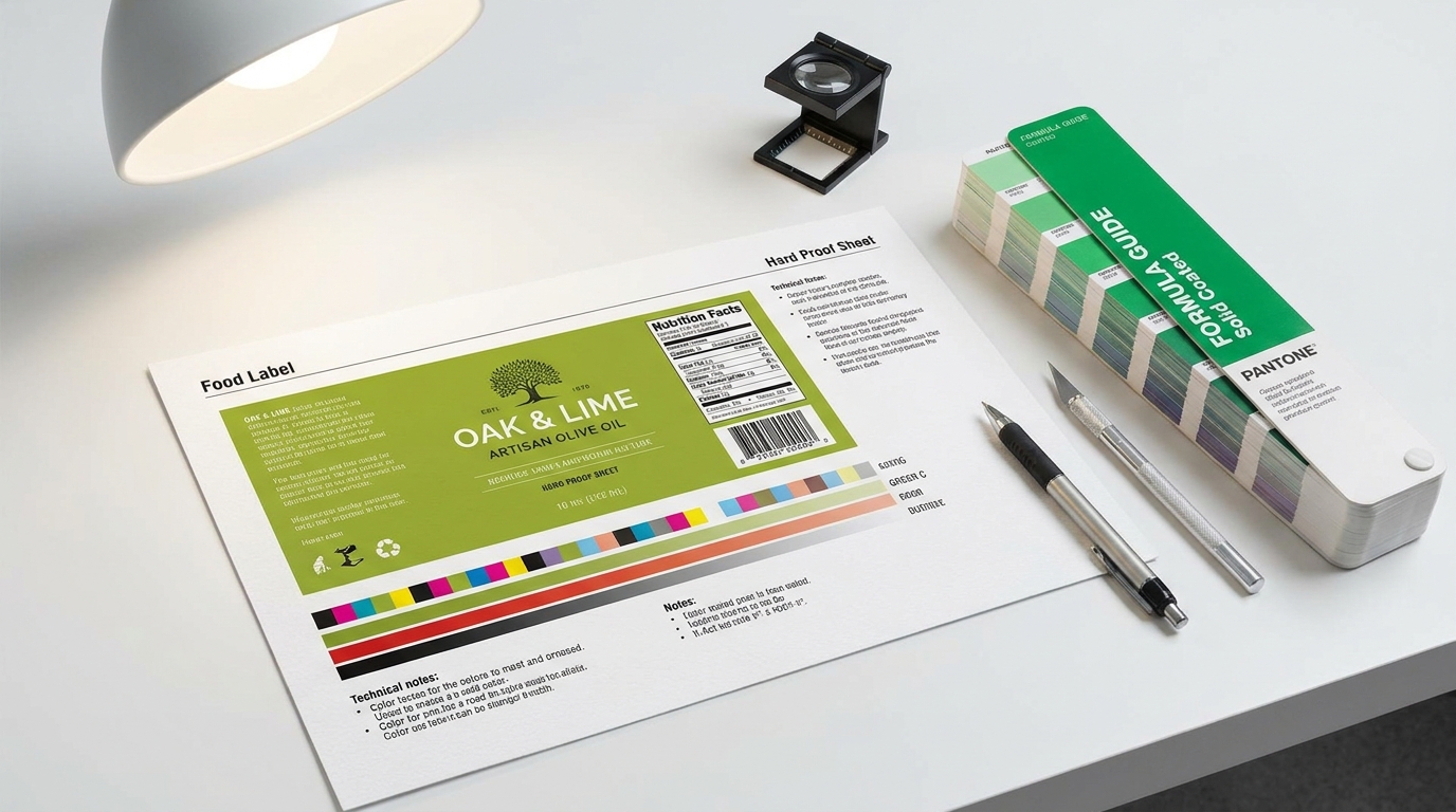 Printed hard proof sheet of a food product label placed next to a Pantone color guide on a white desk under a daylight lamp
