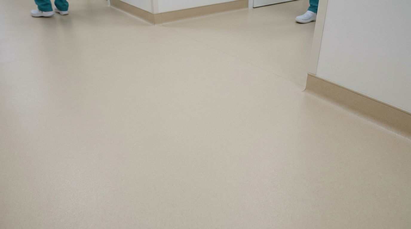 A close-up of a seamless homogeneous vinyl floor in a clinic corridor, coved up the wall by ten centimeters, with a light neutral color and a clean matte finish
