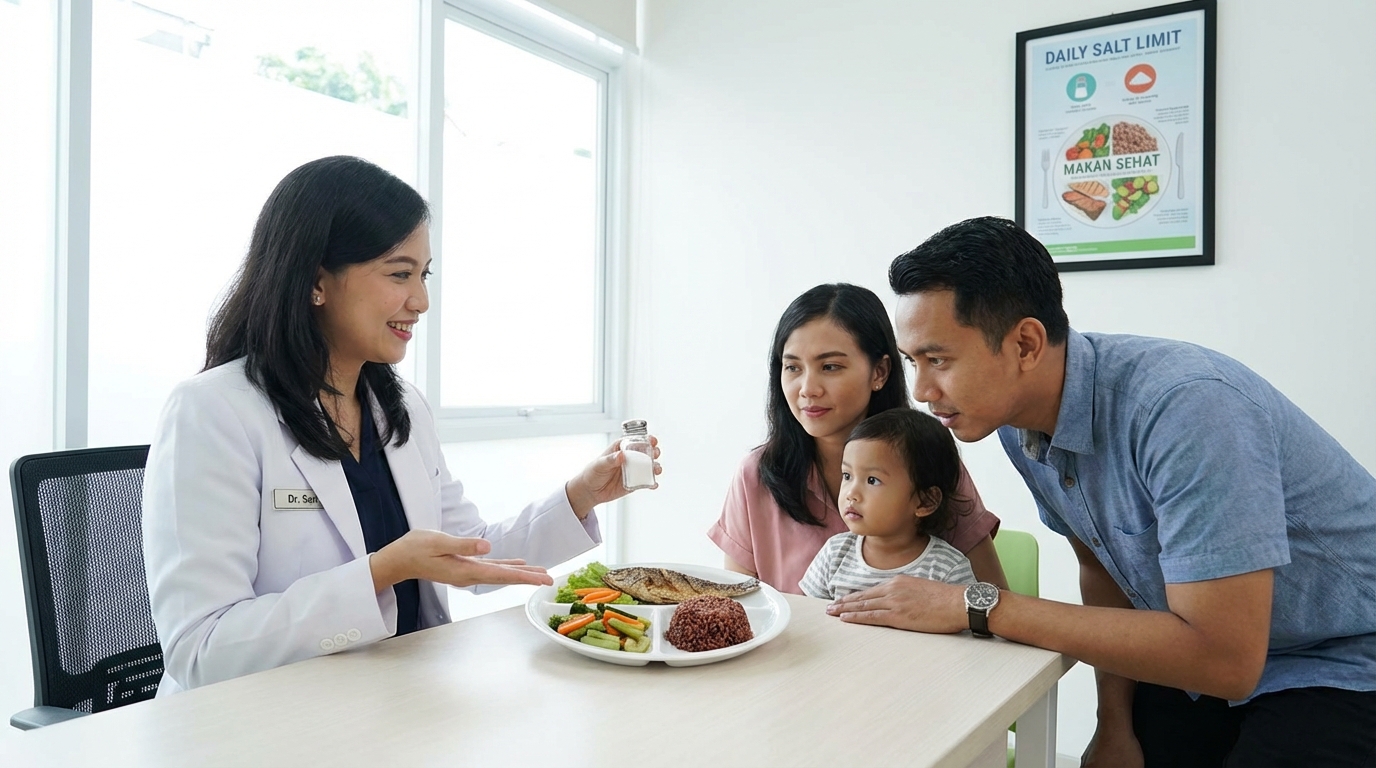 Seorang ahli gizi perempuan mengenakan jas putih sedang menjelaskan kepada sebuah keluarga Indonesia tentang konsumsi garam harian dengan menunjuk ke piring berisi makanan sehat, suasana ruang konsultasi gizi yang terang dan bersih