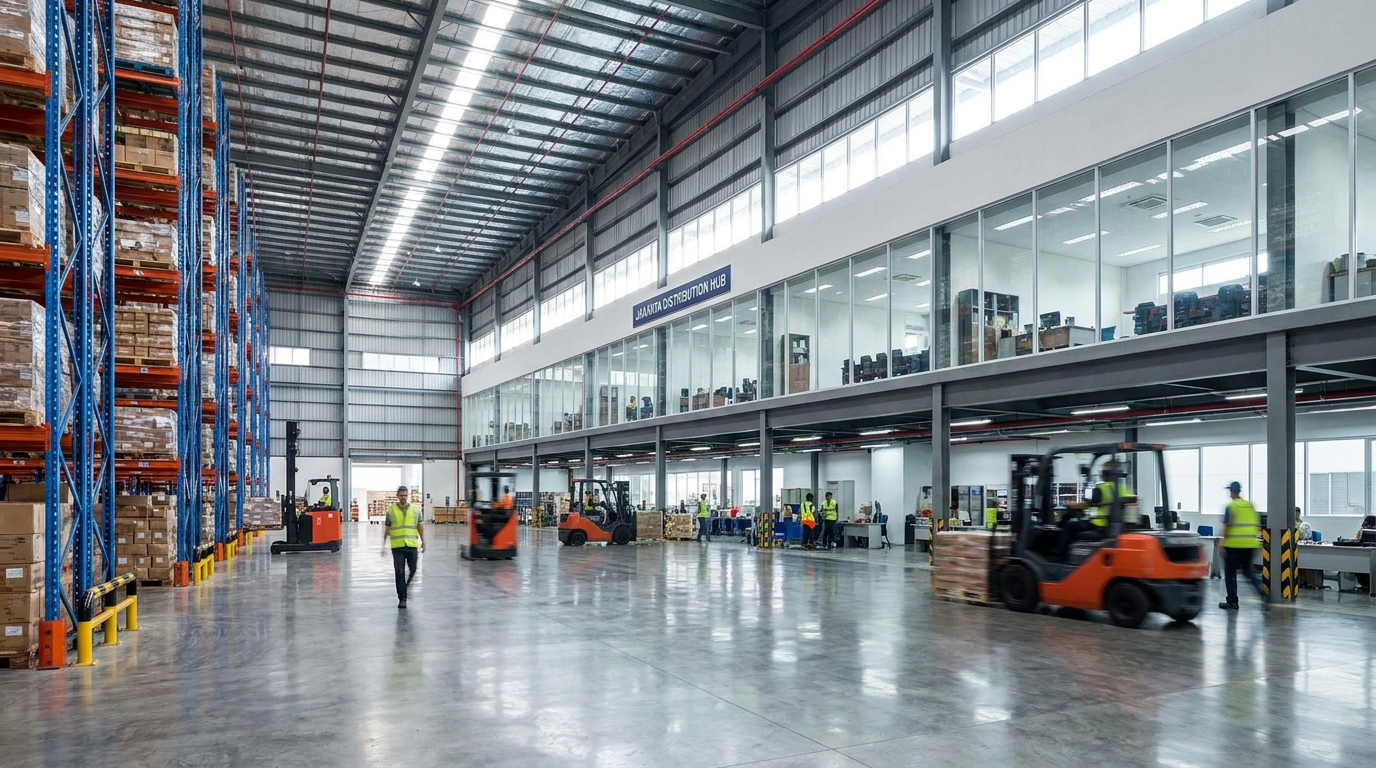 Interior of a large modern Jakarta distribution warehouse with tall steel pallet racking, polished concrete floor, and a glass-fronted mezzanine office along one wall