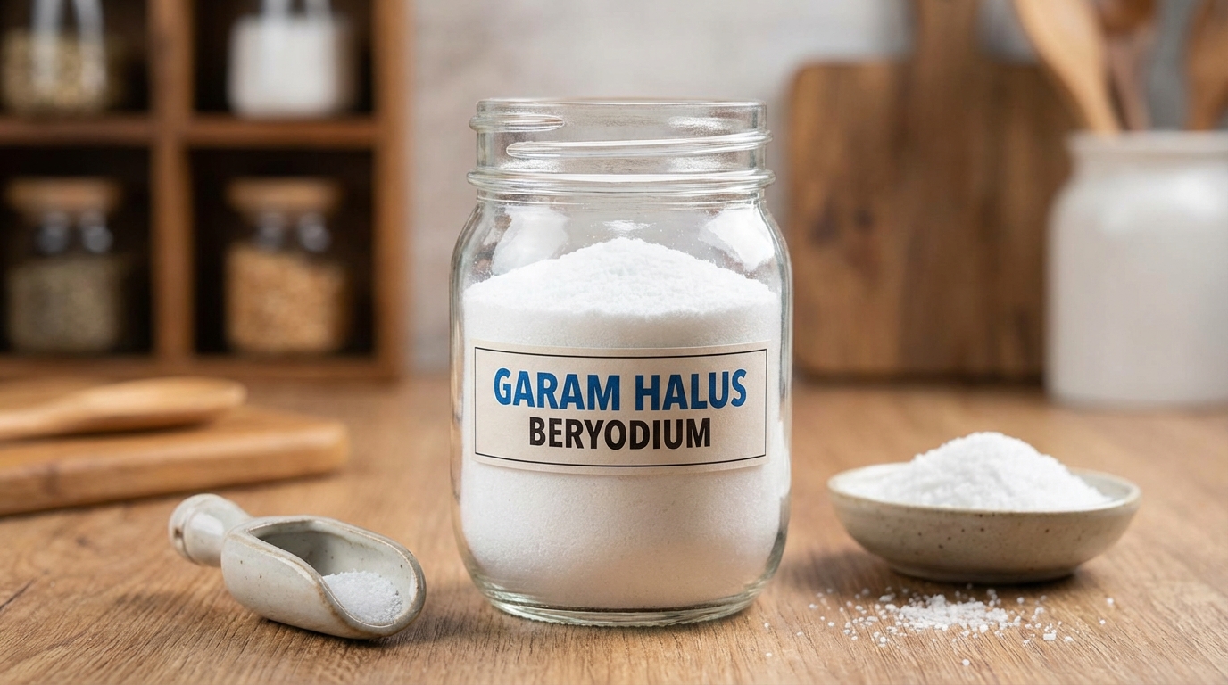 Garam halus beryodium dengan tekstur seperti bubuk putih bersih dan halus