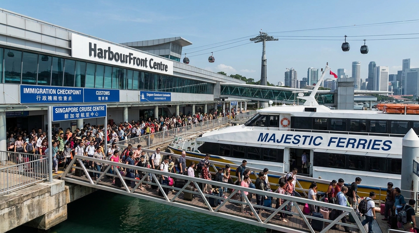 A passenger ferry docked at HarbourFront Centre Singapore with passengers disembarking and immigration signage visible, daytime, clear sky