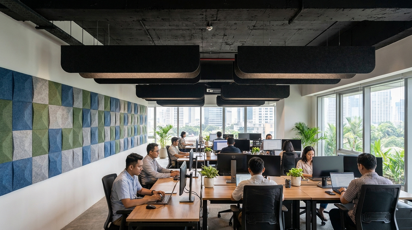 A modern Jakarta open-plan office with acoustic ceiling baffles suspended from a black exposed slab ceiling, high-NRC felt wall panels on one long wall, staff working at desks below in a calm, non-echoing environment