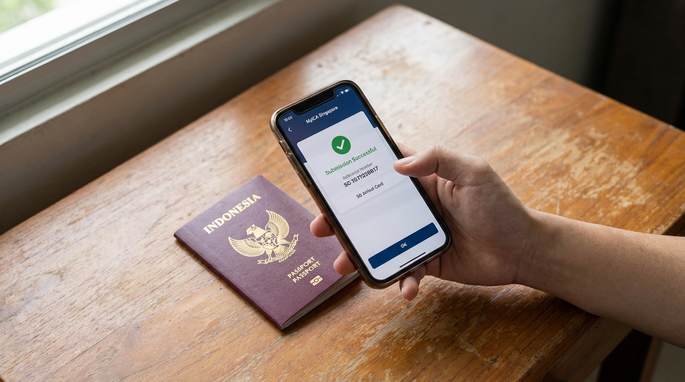 A smartphone displaying the MyICA mobile app SG Arrival Card submission confirmation screen, held above an Indonesian passport on a wooden desk, natural daylight