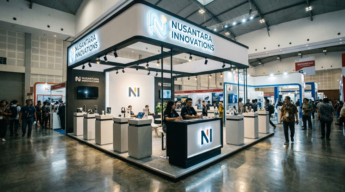 A custom-built exhibition booth at a Jakarta trade show hall, with a backlit branded header sign, spotlit product display plinths, a reception counter, and polished flooring under bright exhibition lighting