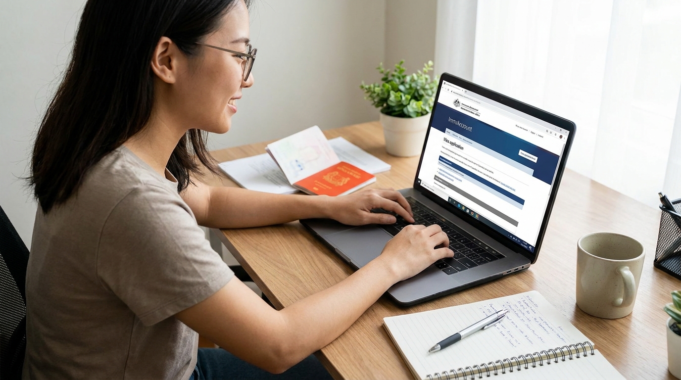 A young Singaporean student at a home desk typing on a laptop, with the Australian Department of Home Affairs ImmiAccount visa application form visible on the screen, a passport and notebook beside the laptop