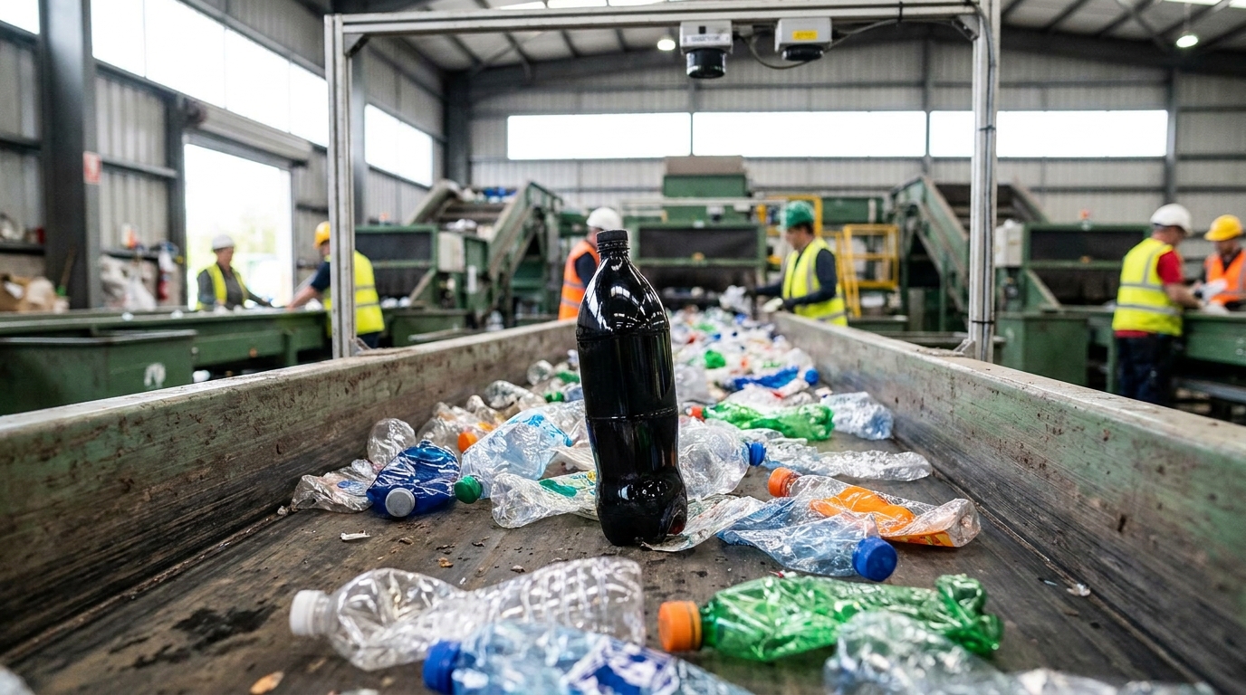 Sebuah botol plastik hitam pekat mengilap diletakkan di atas ban berjalan pemilahan sampah, dikelilingi botol plastik bening dan berwarna terang di pabrik daur ulang