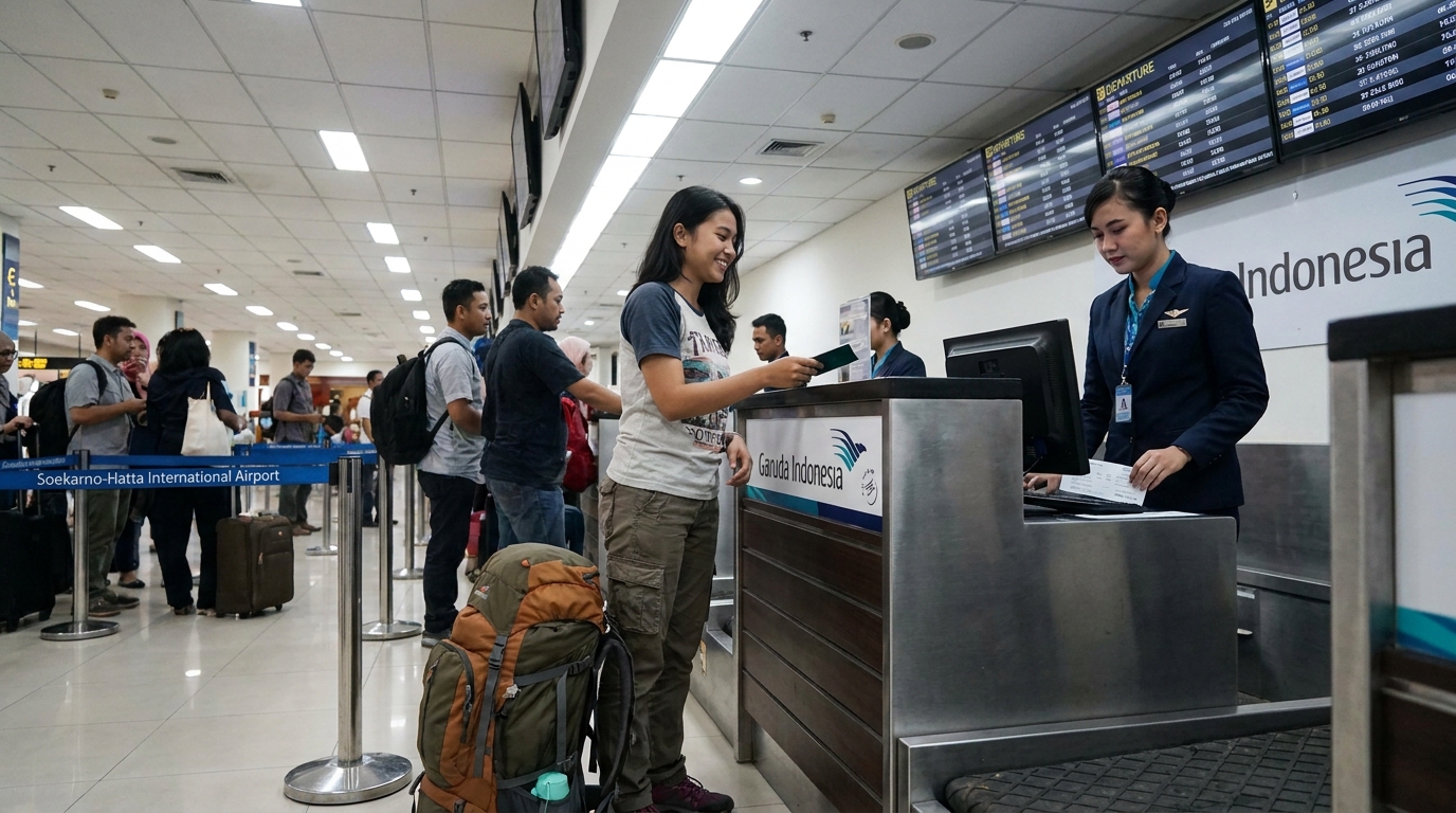 A young Indonesian backpacker in casual clothing checking in at an international airline counter at Soekarno-Hatta airport, large travel backpack on the floor, airline staff processing boarding pass under bright terminal lighting