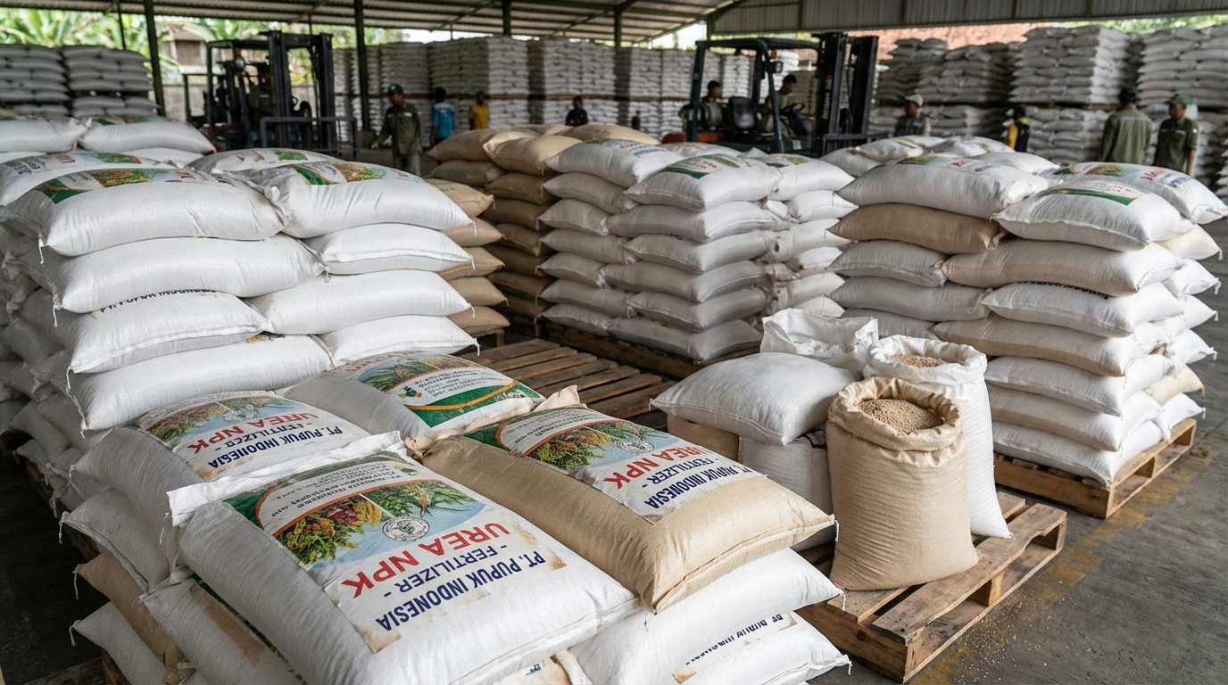 Stacked PP woven sacks filled with granular fertilizer in an Indonesian agricultural warehouse, with visible printed labels on the sacks