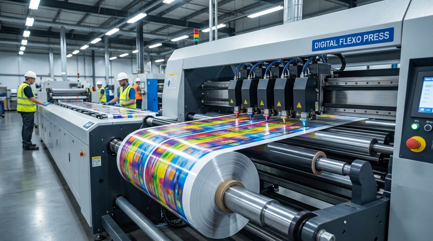 Digital printing press printing colorful flexible packaging film rolls on a factory line