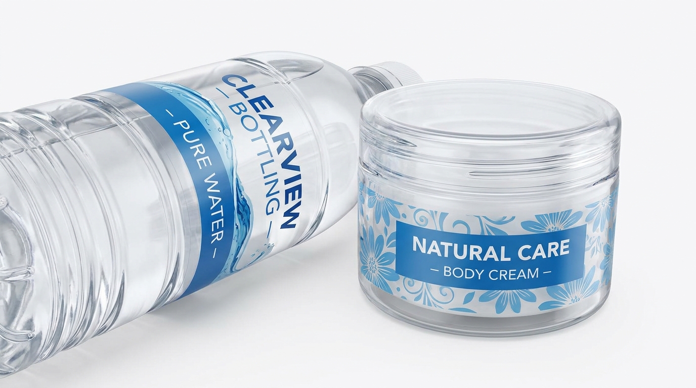 A clear plastic bottle and a plastic jar with printed wrap-around labels showing how design elements distort at the curved edges when viewed from the front