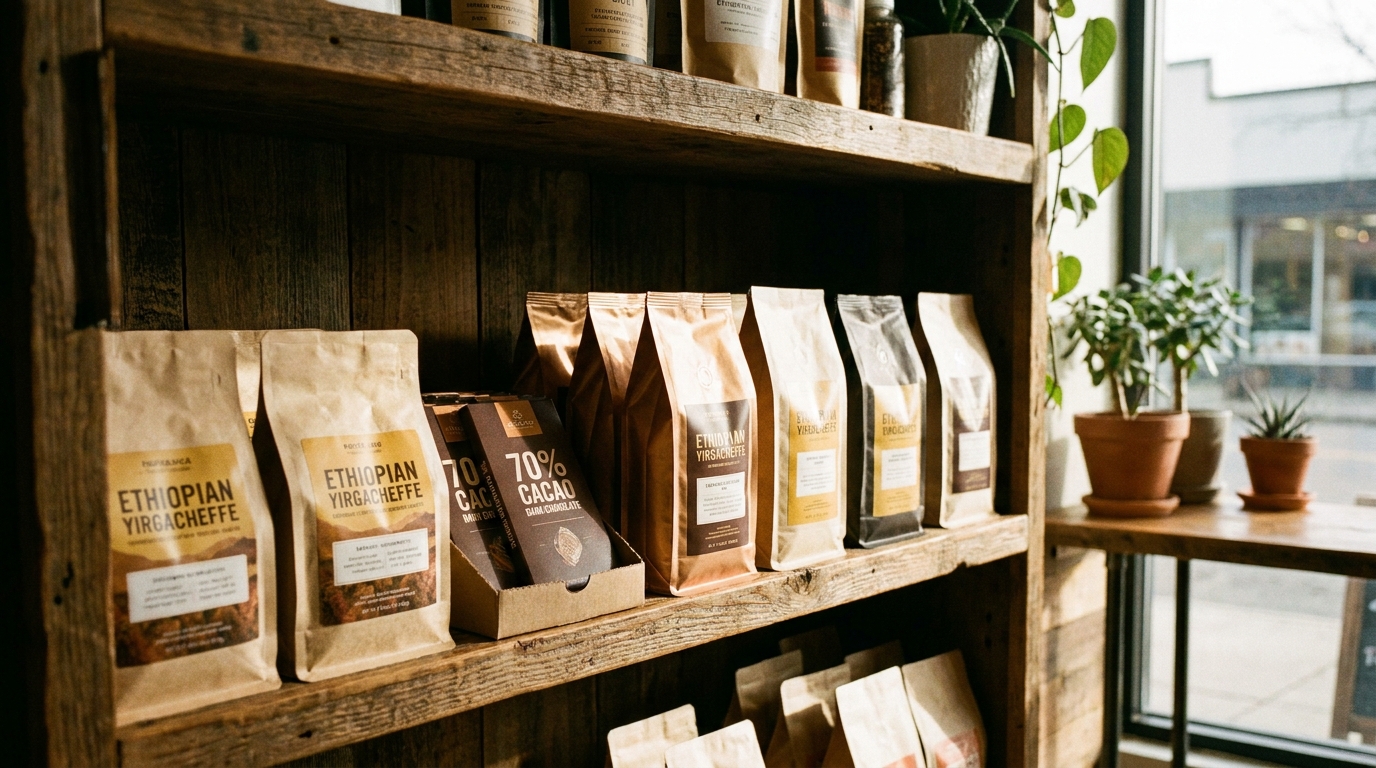 A shelf of packaged specialty coffee bags and dark chocolate bars in brown, gold, and cream packaging