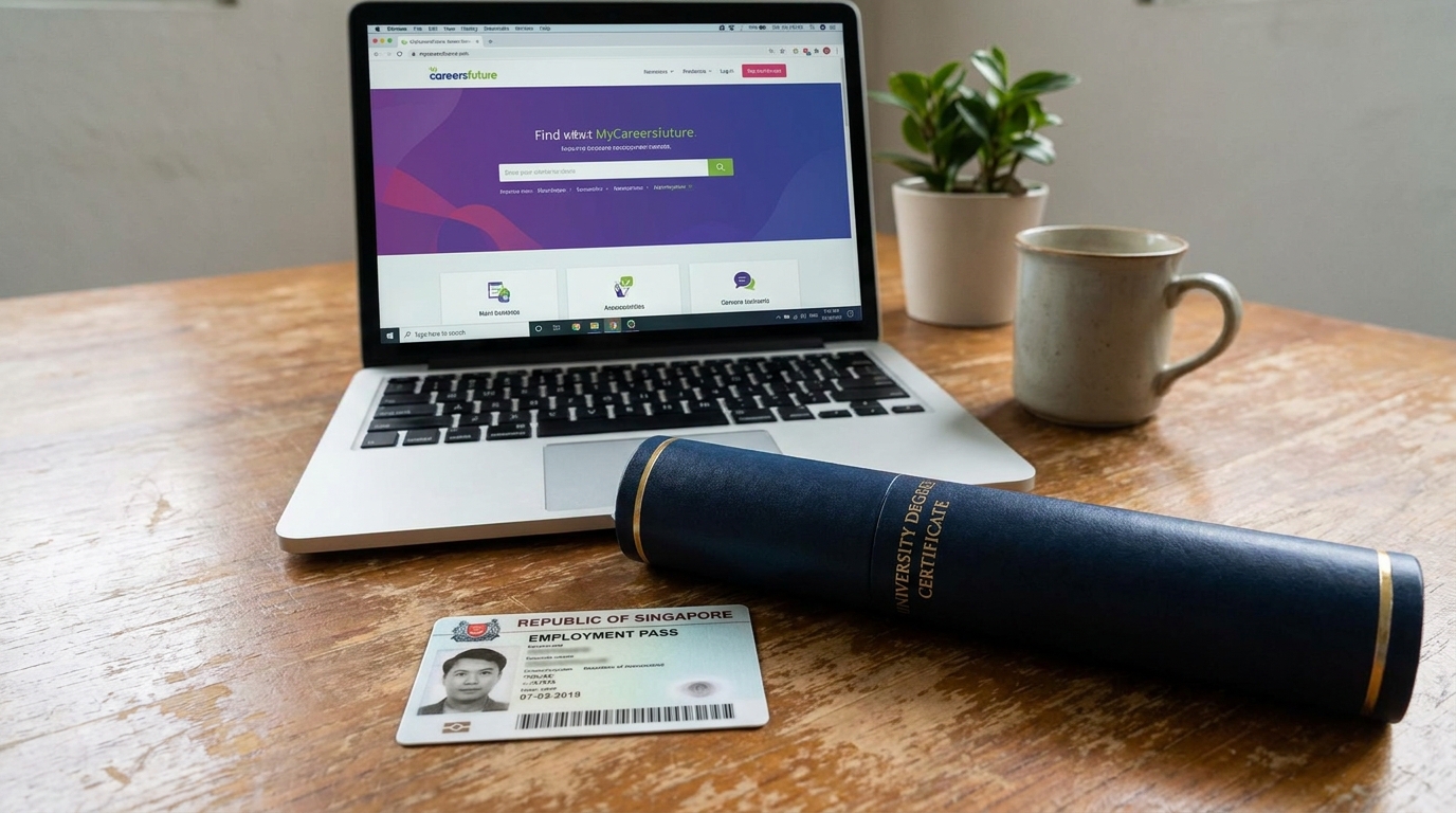 A Singapore Employment Pass card and a degree certificate placed together on a wooden desk with a laptop showing the MyCareersFuture website, soft daylight