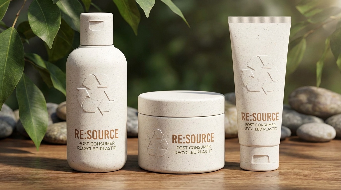 Cosmetic packaging made from post-consumer recycled plastic materials with recycling symbol