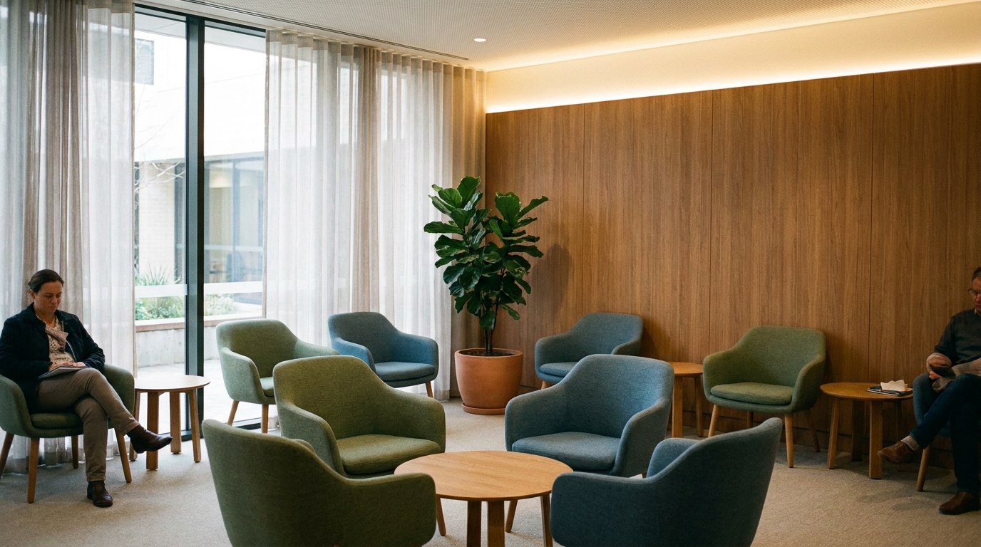 A modern clinic waiting area with clusters of four upholstered chairs around small round tables, warm timber wall panels, a large indoor plant, indirect ceiling lights, and a floor-to-ceiling window bringing in soft natural light