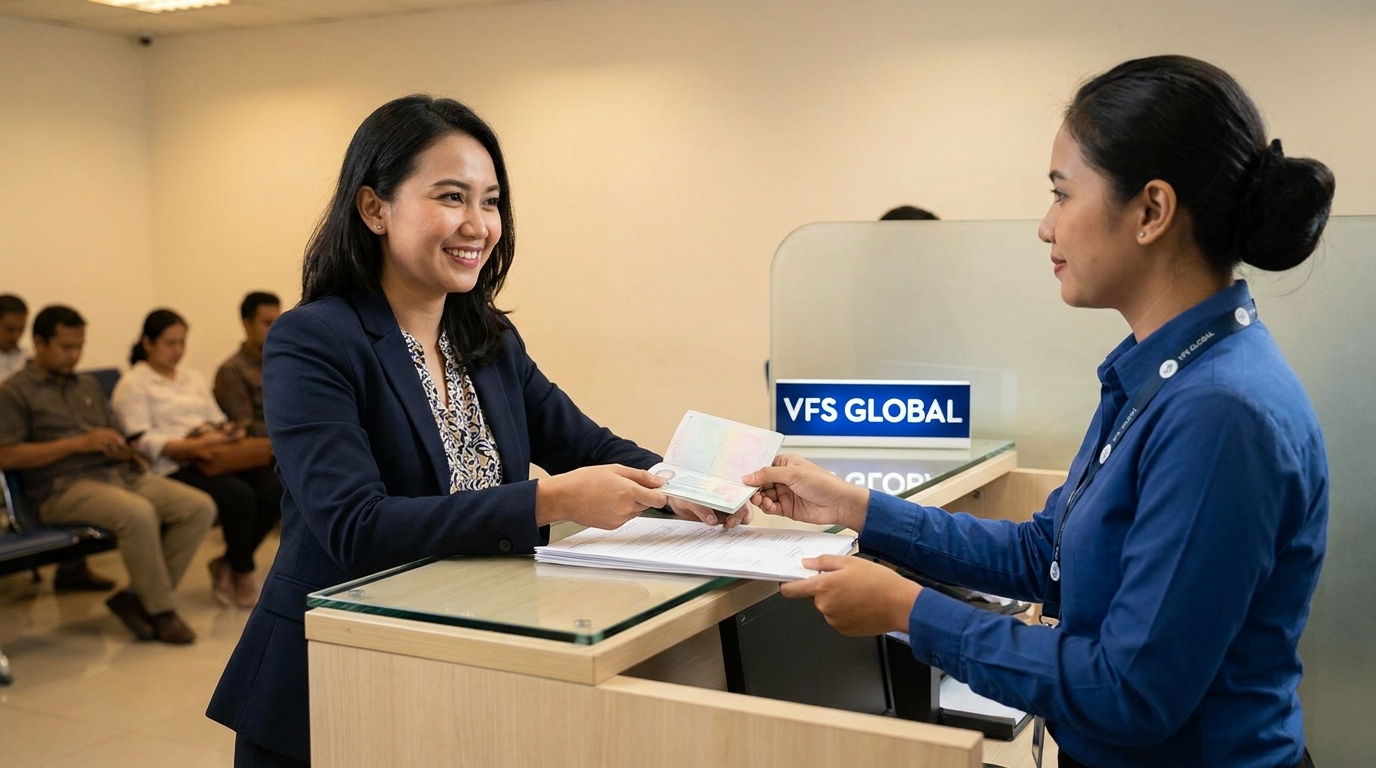 An Indonesian woman in business casual attire handing her passport and application documents to a VFS Global visa centre staff member at a modern reception counter, blue and white branding subtly visible in background, professional indoor lighting