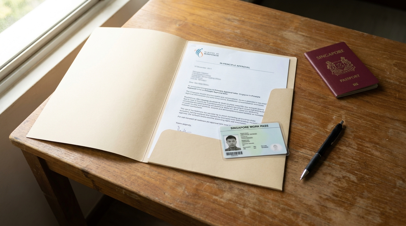 A small printed Singapore work pass card placed on top of an open A4 folder containing a printed In-Principle Approval letter, with a passport and a black pen beside it on a wooden desk, soft daylight from the left