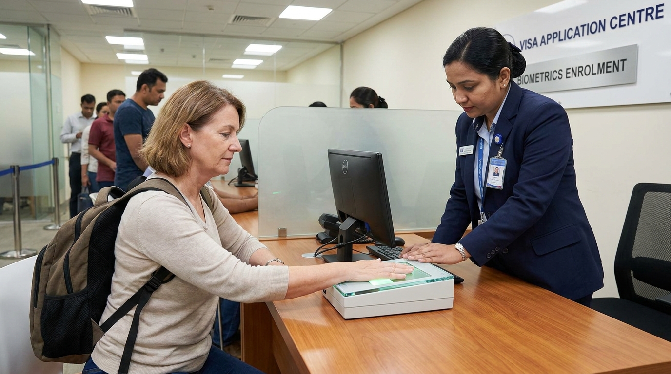 A visa applicant having their fingerprints scanned at a biometrics enrolment counter inside a clean modern visa application centre, with a uniformed staff member operating the fingerprint scanner, neutral office lighting, photographed at eye level