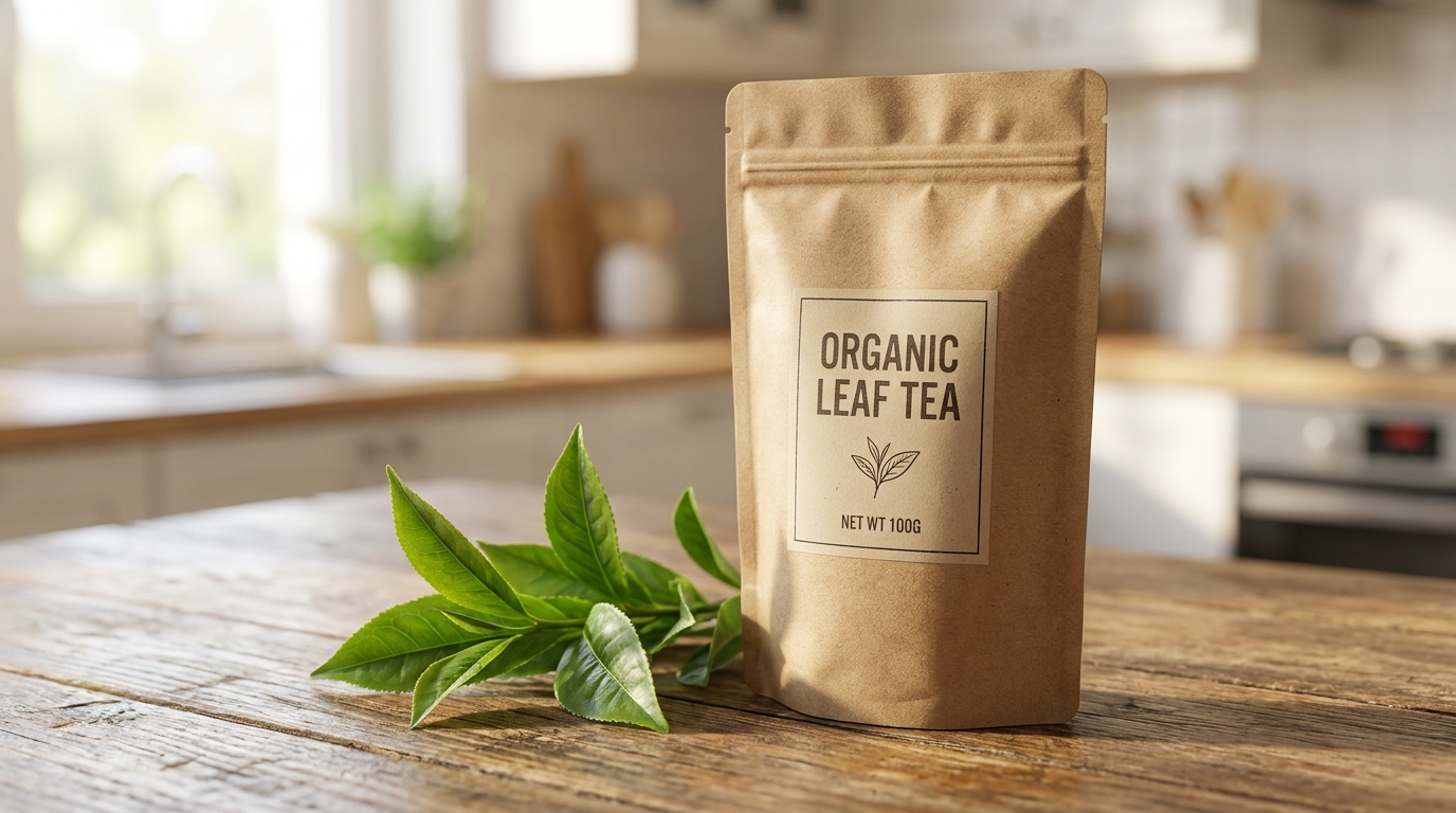 A brown kraft paper stand-up pouch with a simple printed label, placed next to fresh green leaves on a wooden surface