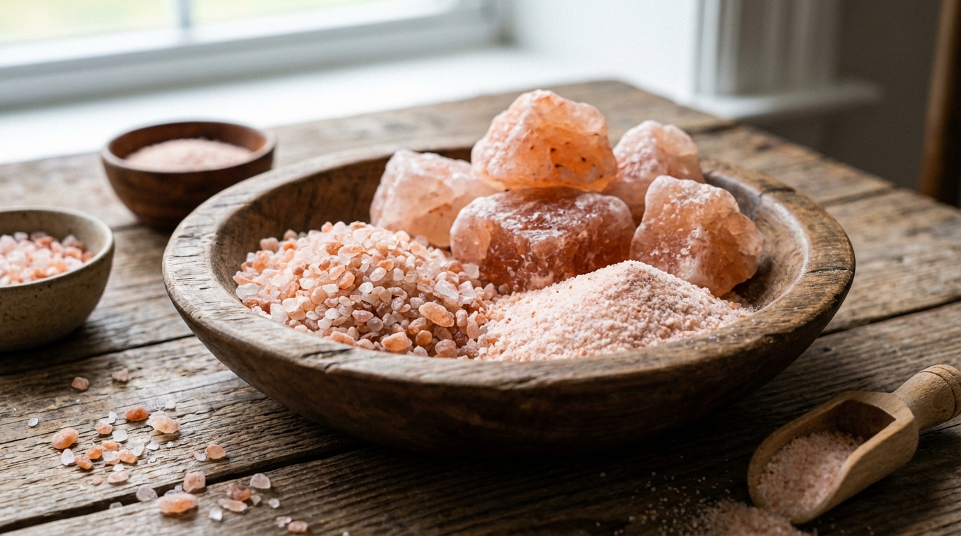 Kristal garam Himalaya berwarna pink dengan berbagai ukuran butiran, ditampilkan di mangkuk kayu