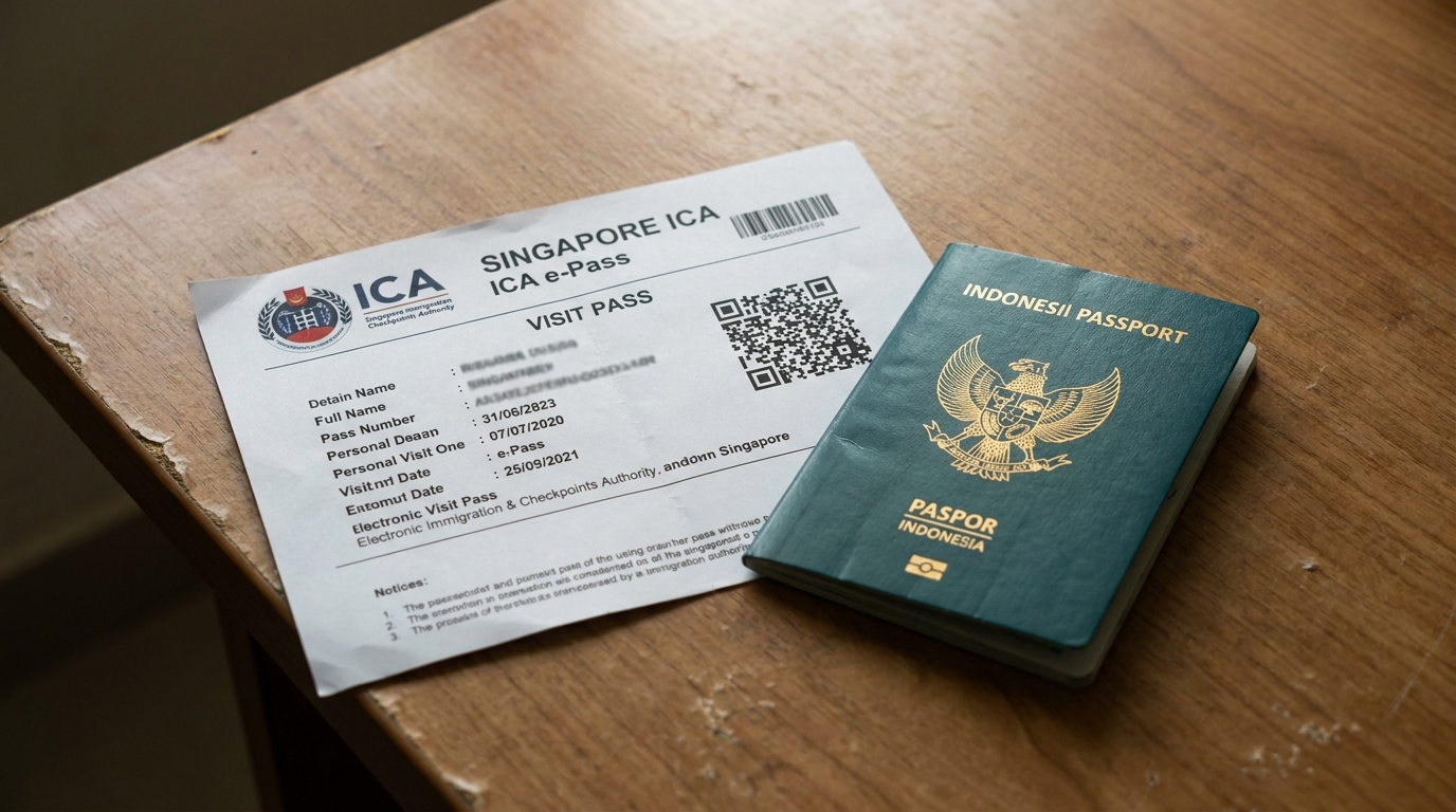 A printed e-Pass document from Singapore ICA showing visit pass details, lying next to an Indonesian passport on a wooden desk with soft natural light