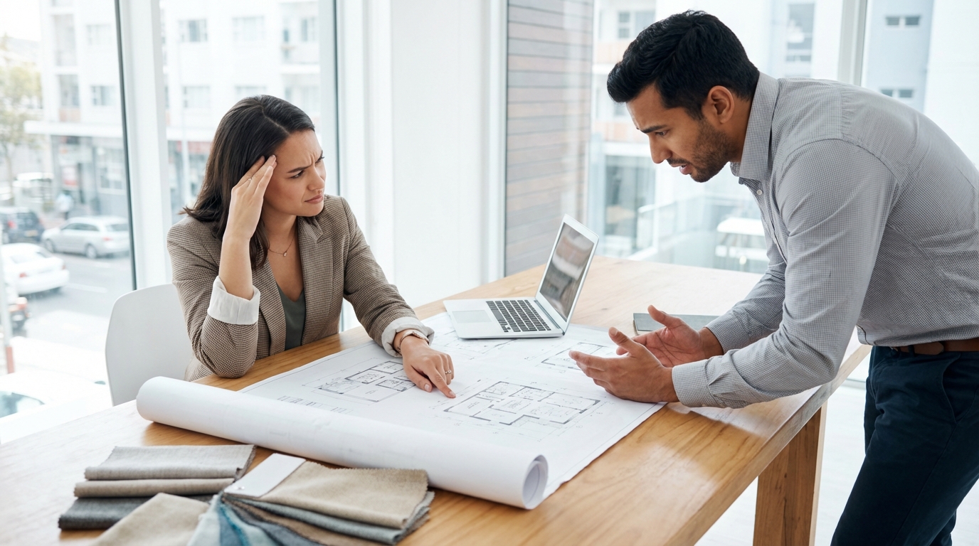 Interior designer pointing at architectural drawings on a table and shaking head in disagreement, discussing design problems with a client
