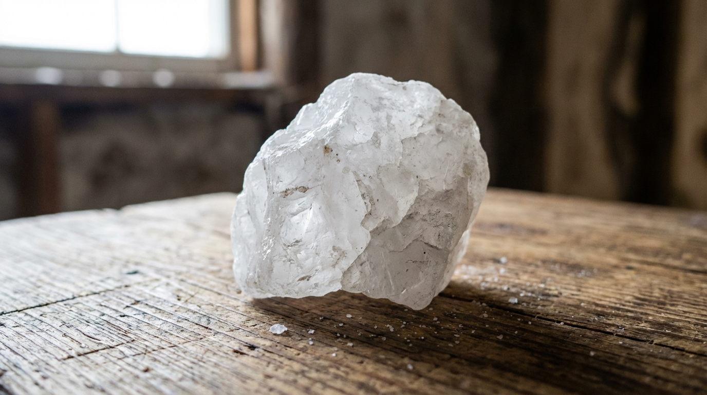 Bongkahan garam tambang berwarna putih bersih dengan kristal besar, diletakkan di atas permukaan kayu