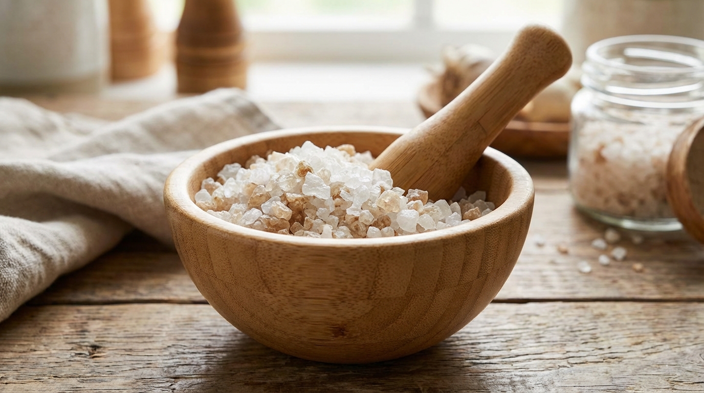 Garam kasar krosok dengan kristal besar tidak rata berwarna putih kecoklatan di atas tampah bambu