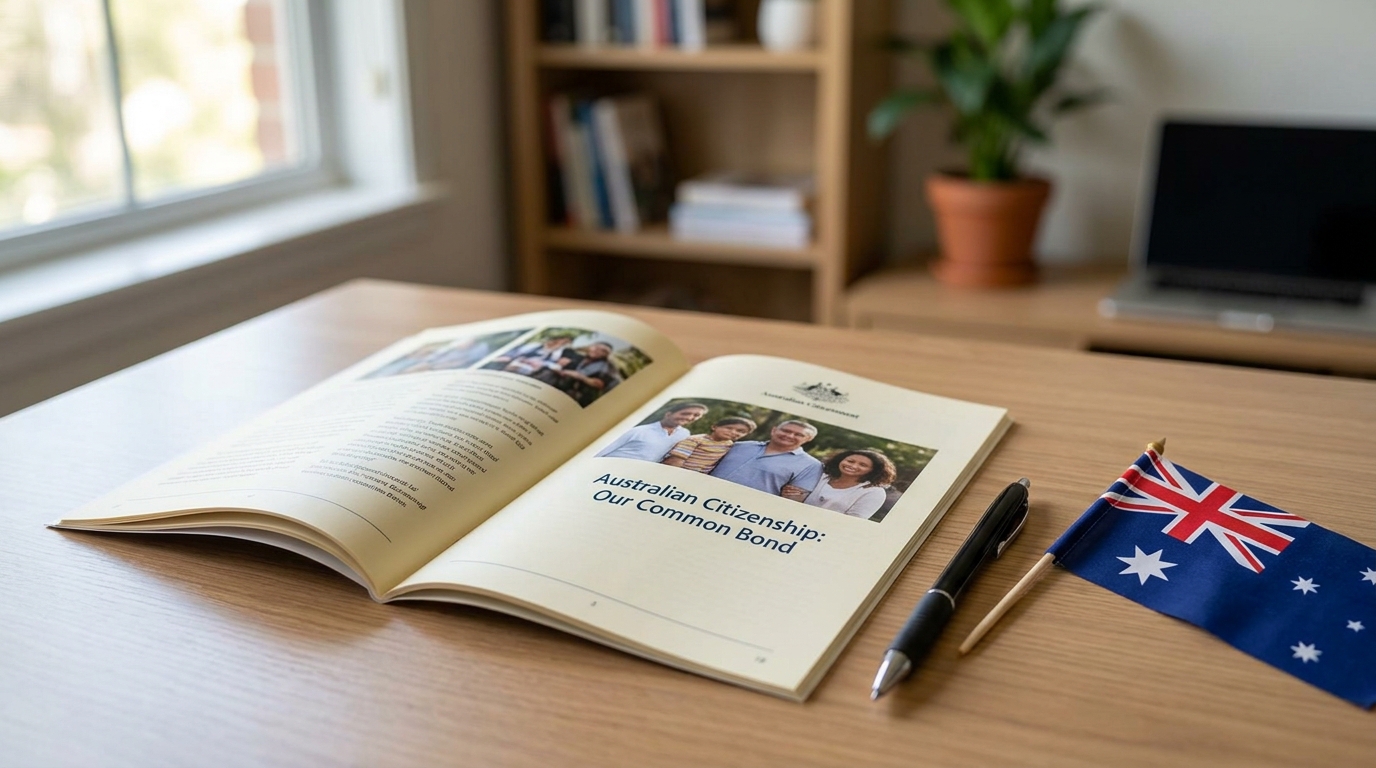 Open paperback booklet titled "Australian Citizenship: Our Common Bond" lying on a desk beside a black ballpoint pen and a small Australian flag, soft daylight from a window, simple home study setup, realistic photograph