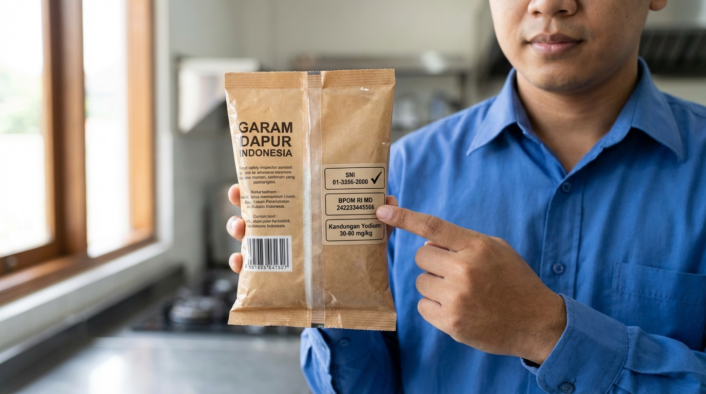 Tangan seseorang memegang bungkus garam dapur dan menunjuk ke label SNI, nomor BPOM, dan keterangan kandungan yodium di bagian belakang kemasan, dengan pencahayaan natural dari samping
