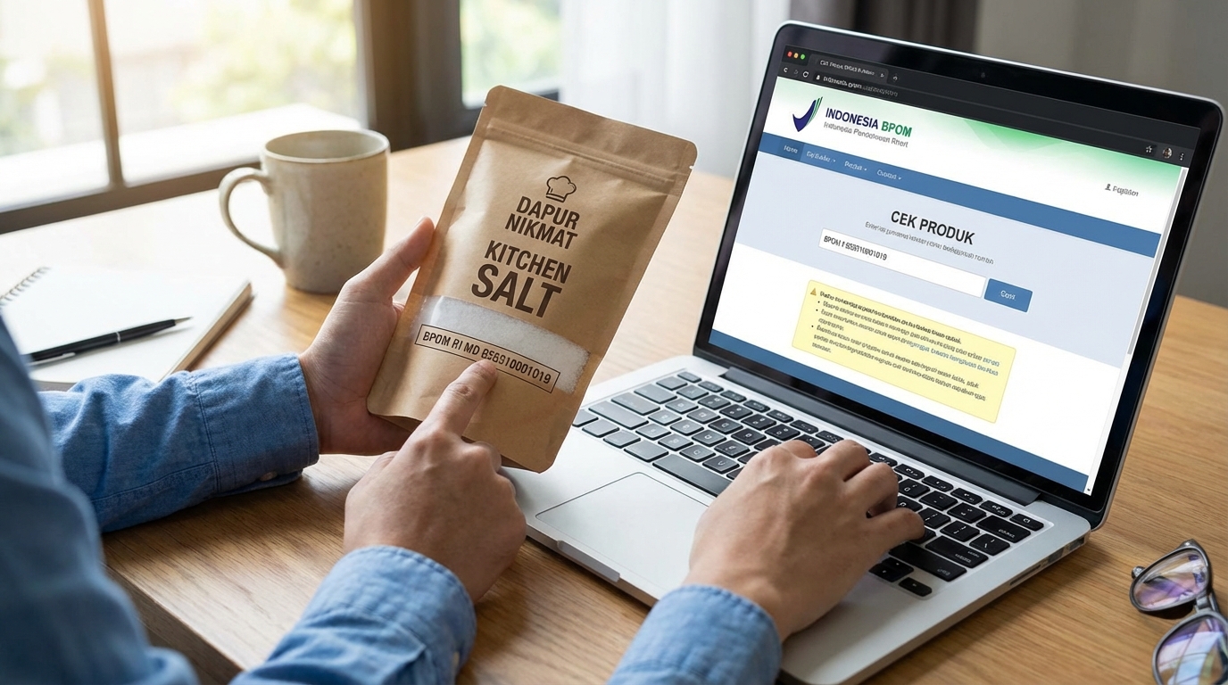 Seseorang memegang bungkus garam dapur sambil mengetik nomor izin edar BPOM di layar laptop yang menampilkan situs cek BPOM, di atas meja kerja sederhana